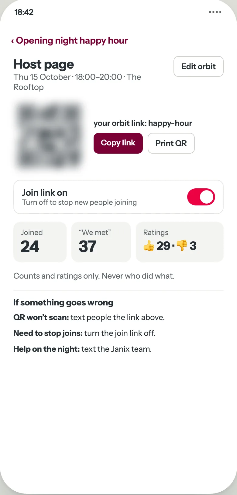 The host page in Janix Orbit: the orbit's link and QR code, and three totals, joined, We met and ratings