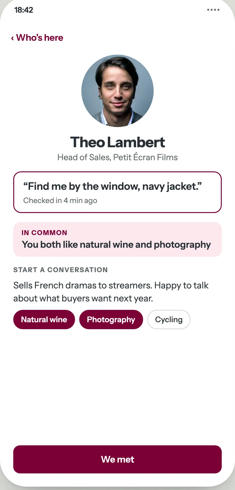 A person's card in Janix Orbit: what you have in common, their background and goals, their talking points, and a We met button