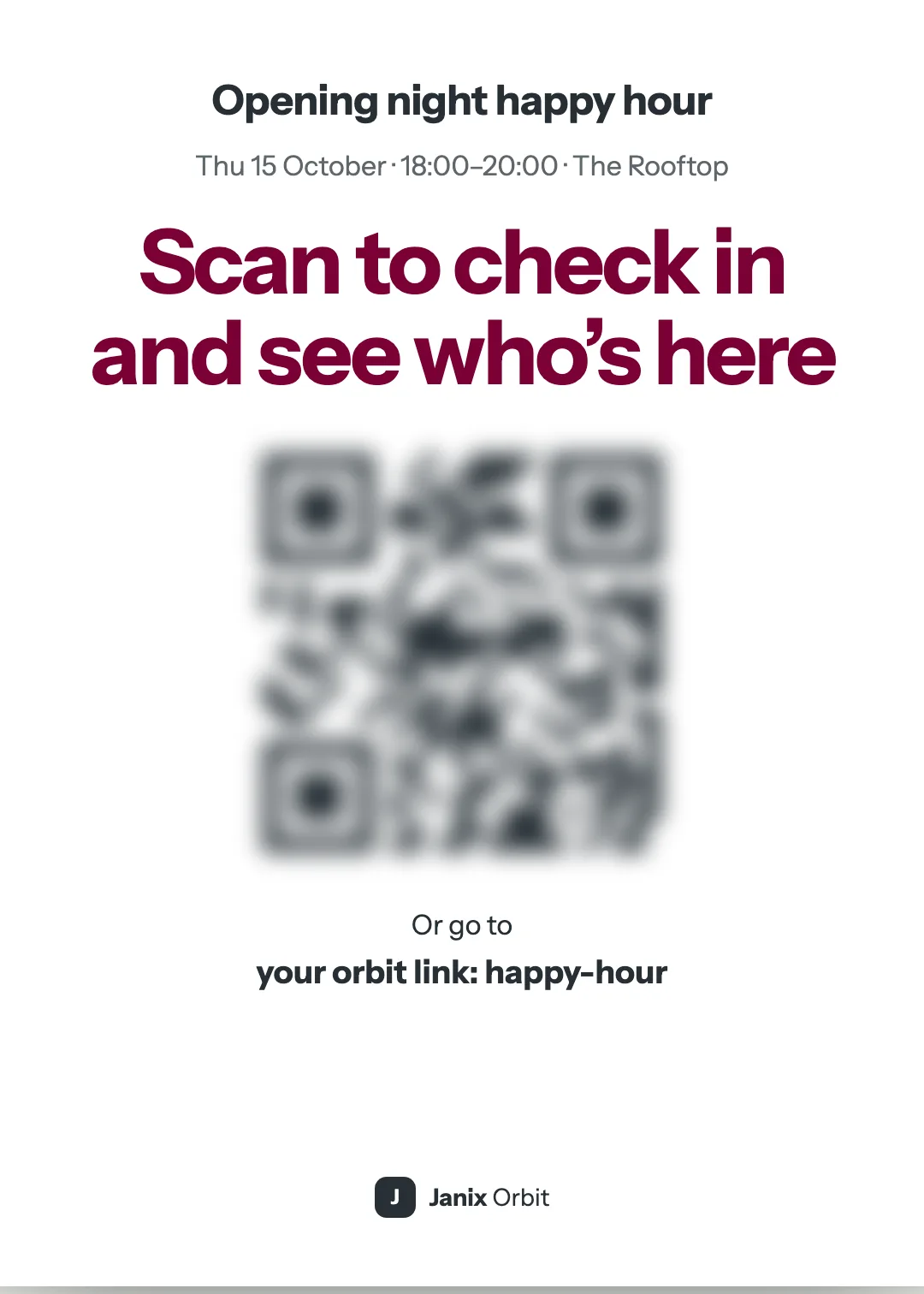 A printed room card for an orbit: the gathering's name, date and place, a QR code, and the words Scan to check in and see who's here