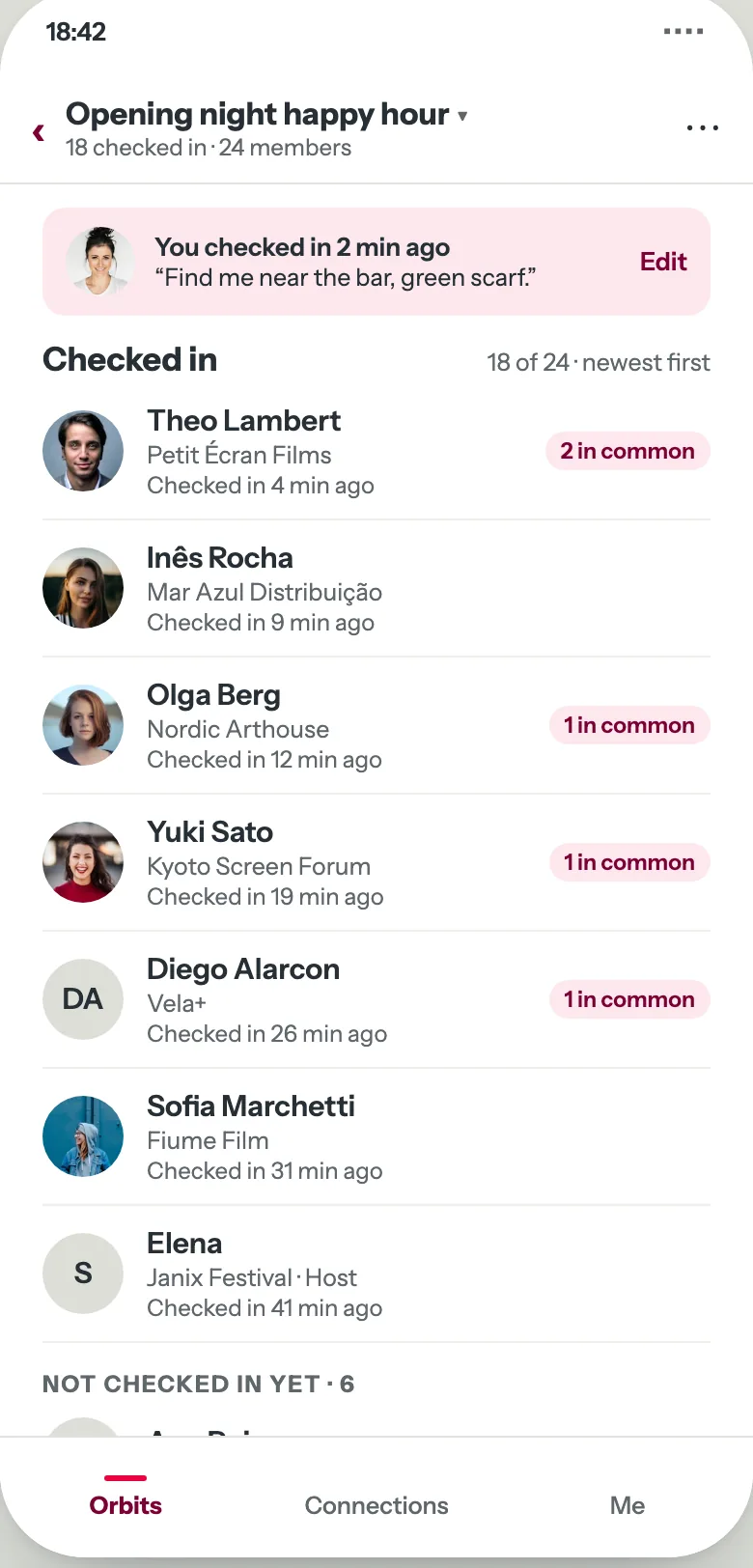 The Who's here screen in Janix Orbit: people checked in, newest first, with how many talking points each shares with you